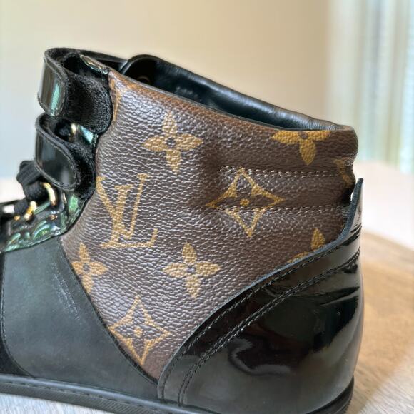 Authentic Louis Vuitton Black Monogram Move Up High Top Sneakers Shoes Size 7.5 - Picture 8 of 13